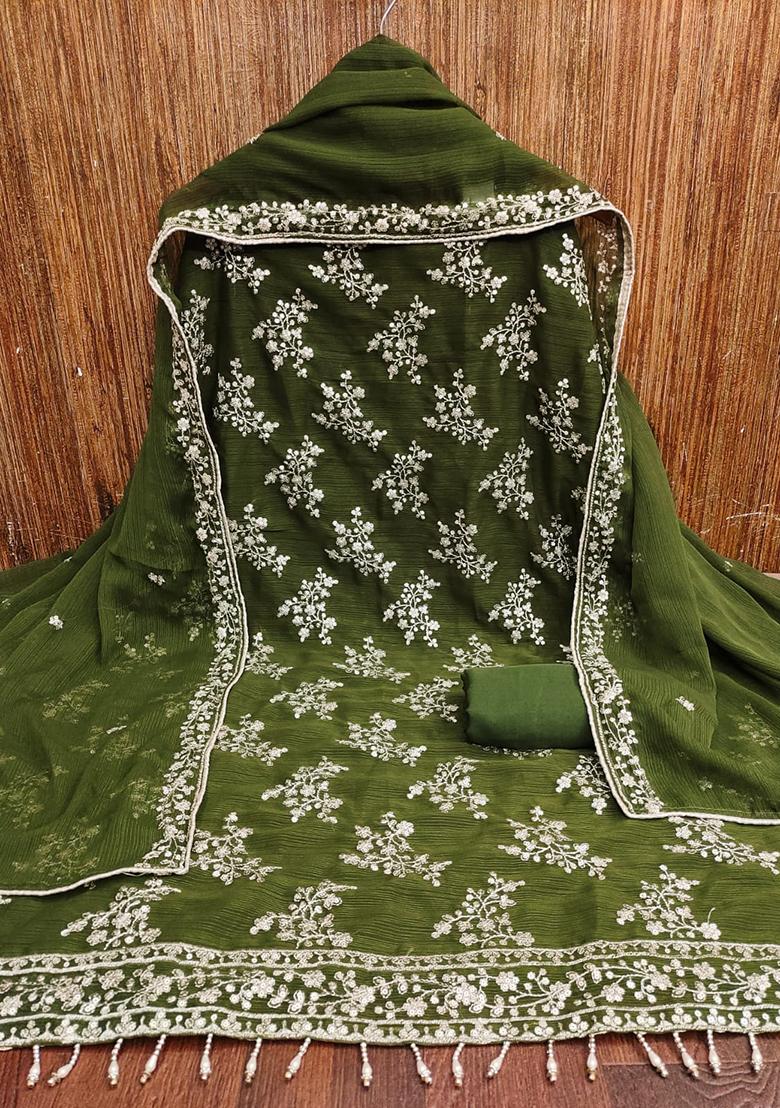 Olive Embellished Silk Kurta Set