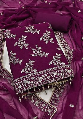 Purple Embellished Silk Kurta Set