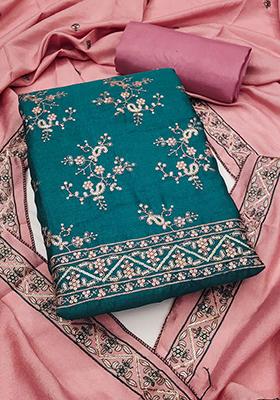 Teal Embellished Silk Kurta Set