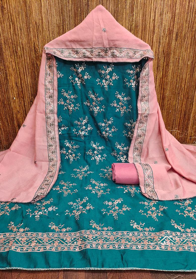 Teal Embellished Silk Kurta Set