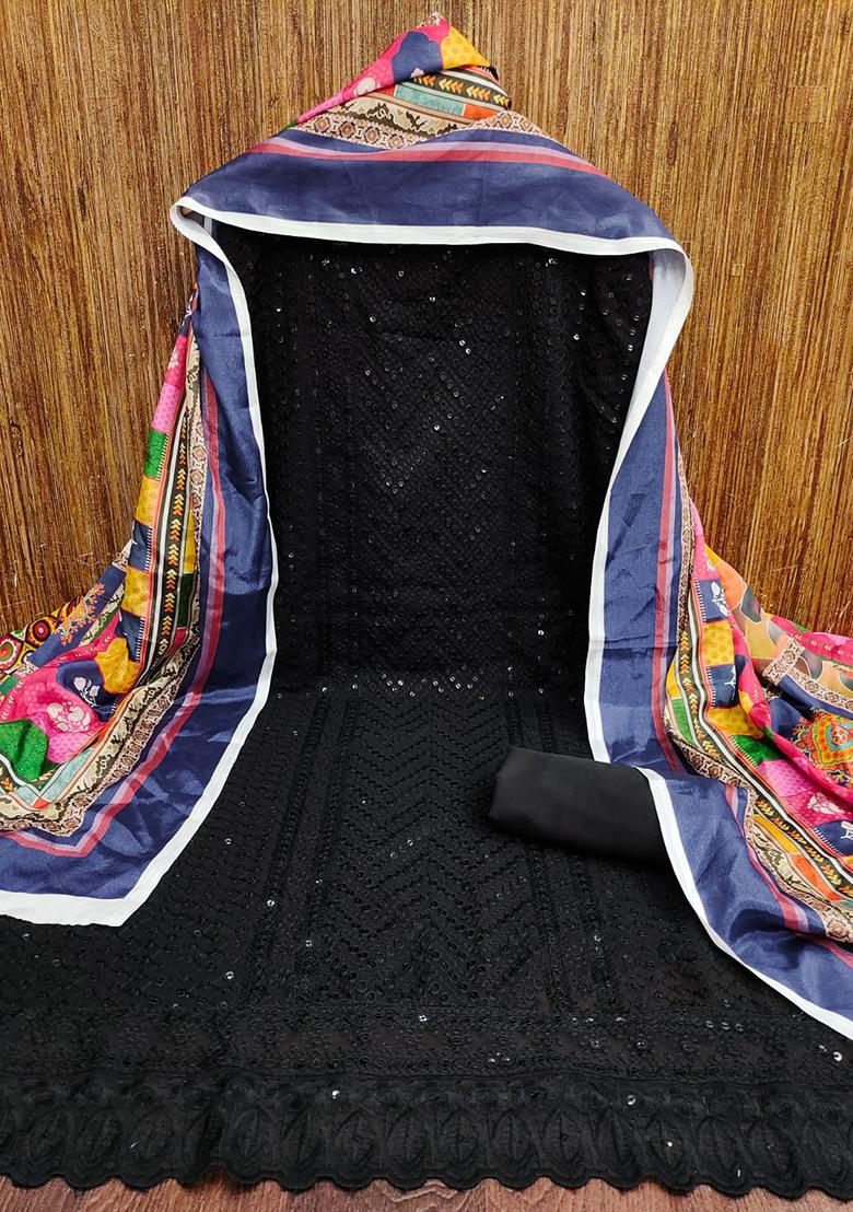 Black Embellished Poly Georgette Kurta Set