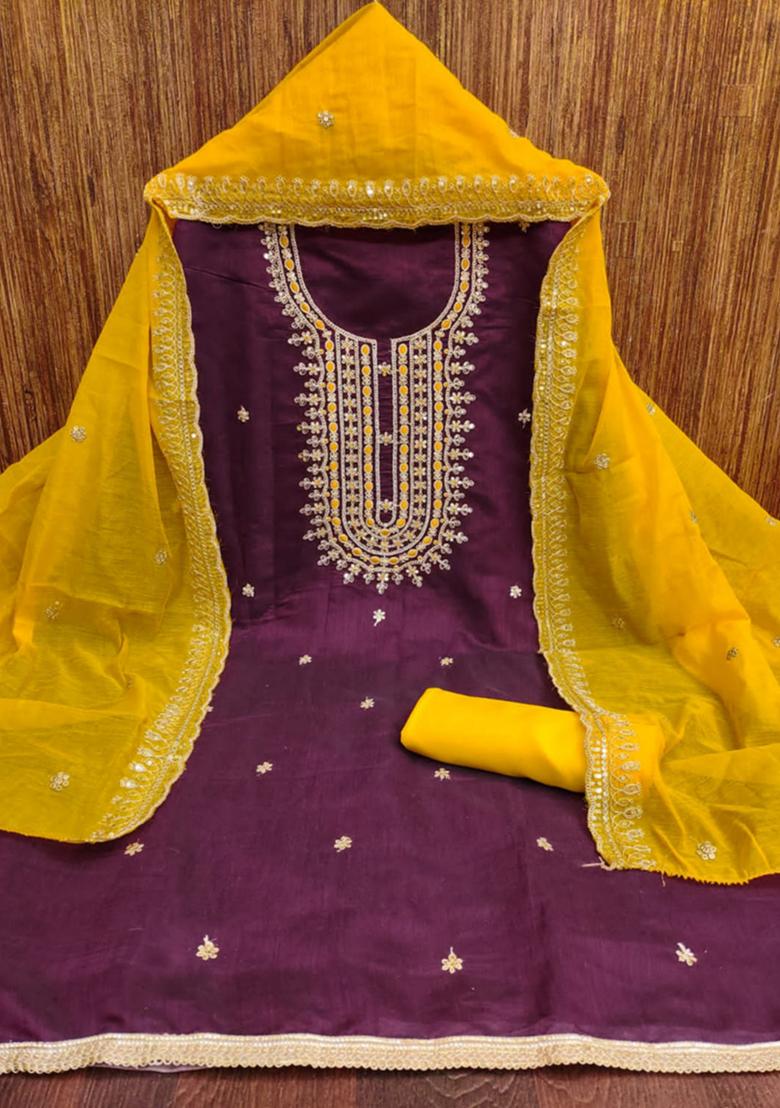 Purple Embellished Chanderi Kurta Set