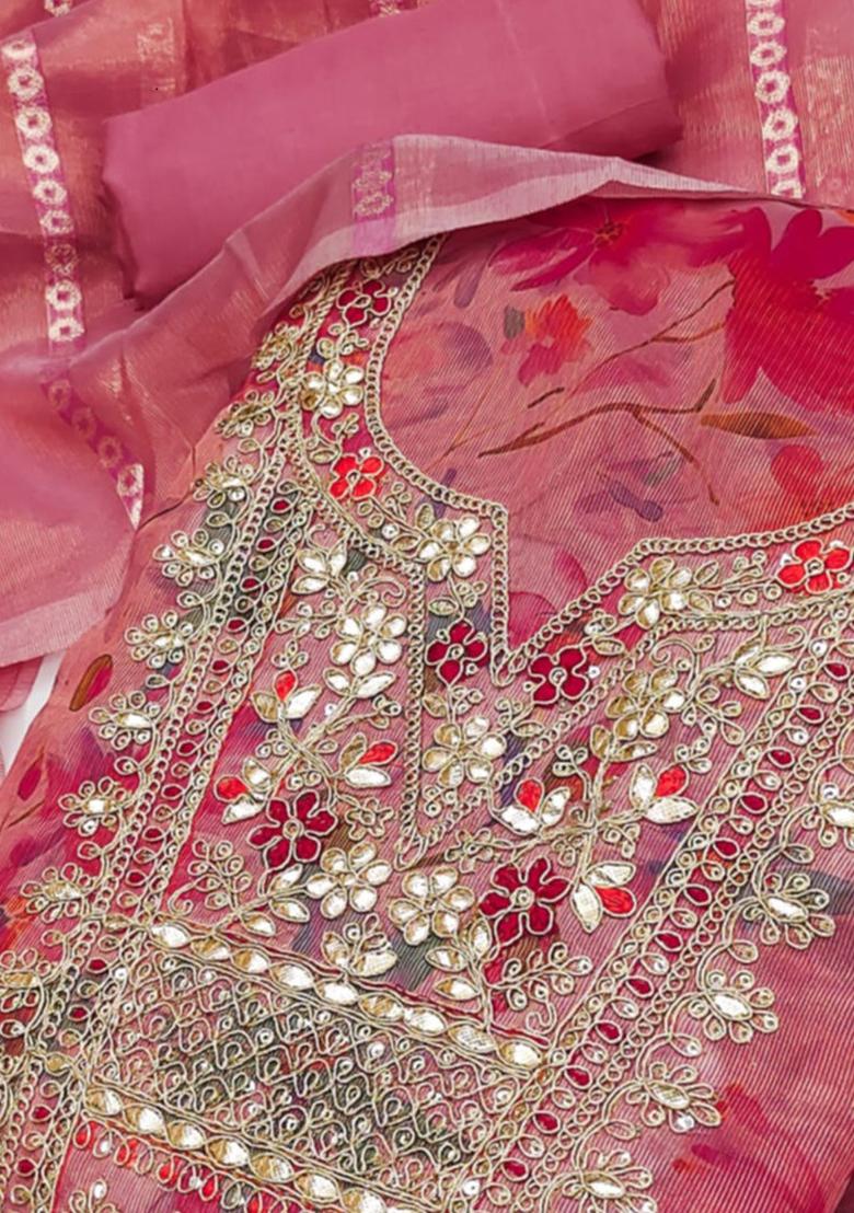 Pink Embellished Chanderi Kurta Set