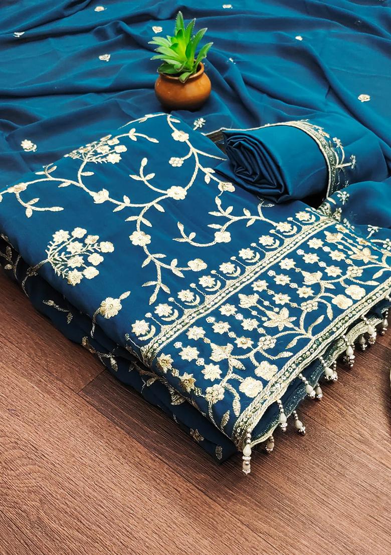 Aqua Embellished Poly Georgette Kurta Set