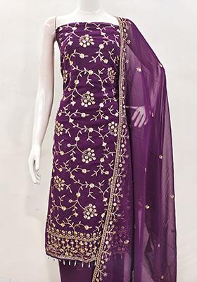 Purple Embellished Poly Georgette Kurta Set