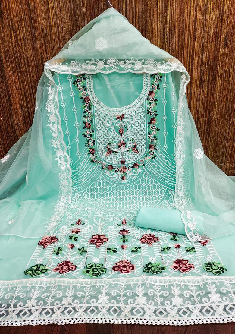 Teal Embellished Organza Kurta Set