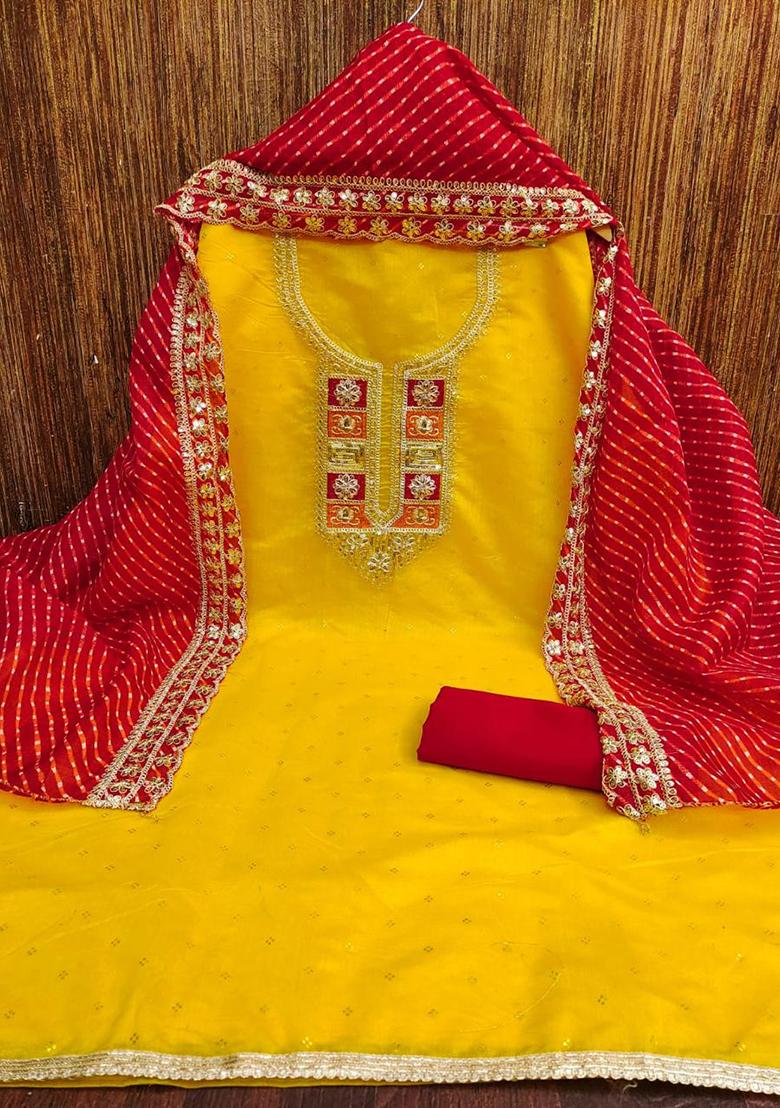 Red Embellished Chanderi Kurta Set