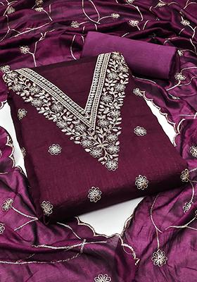 Purple Embellished Chanderi Kurta Set