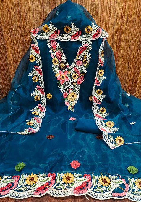 Women Blue Jacquard Organza Printed work Kurta Set With Dupatta