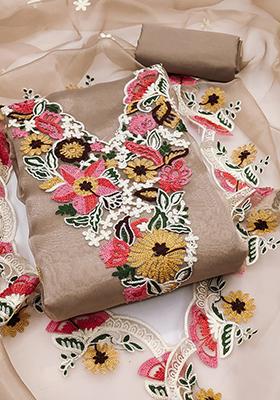 Brown Embellished Organza Kurta Set