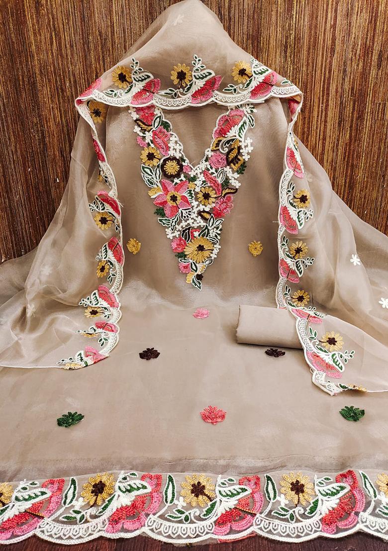 Brown Embellished Organza Kurta Set