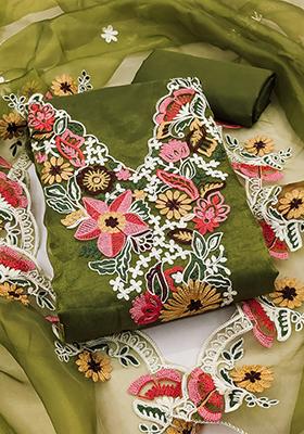 Olive Embellished Organza Kurta Set