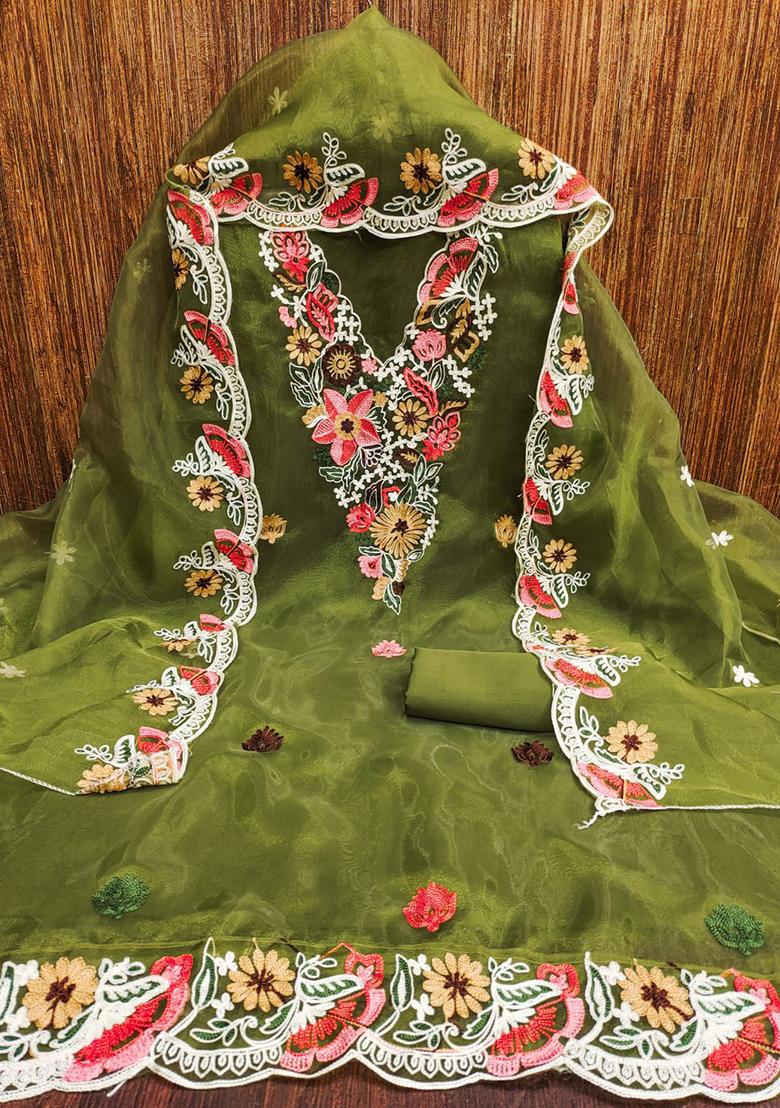 Olive Embellished Organza Kurta Set