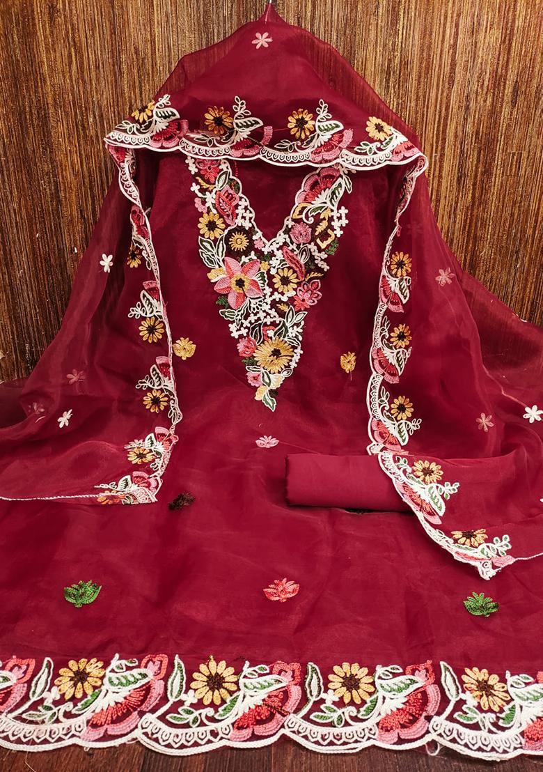 Maroon Embellished Organza Kurta Set