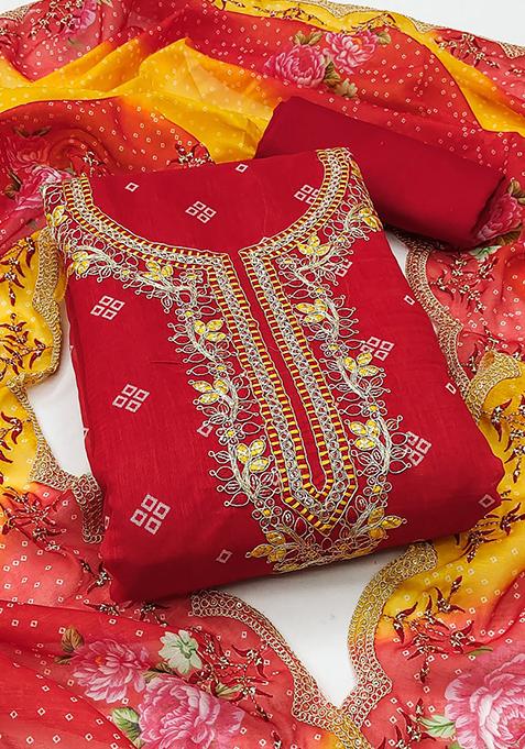 Red Embellished Chanderi Kurta Set