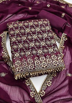 Purple Embellished Chanderi Kurta Set