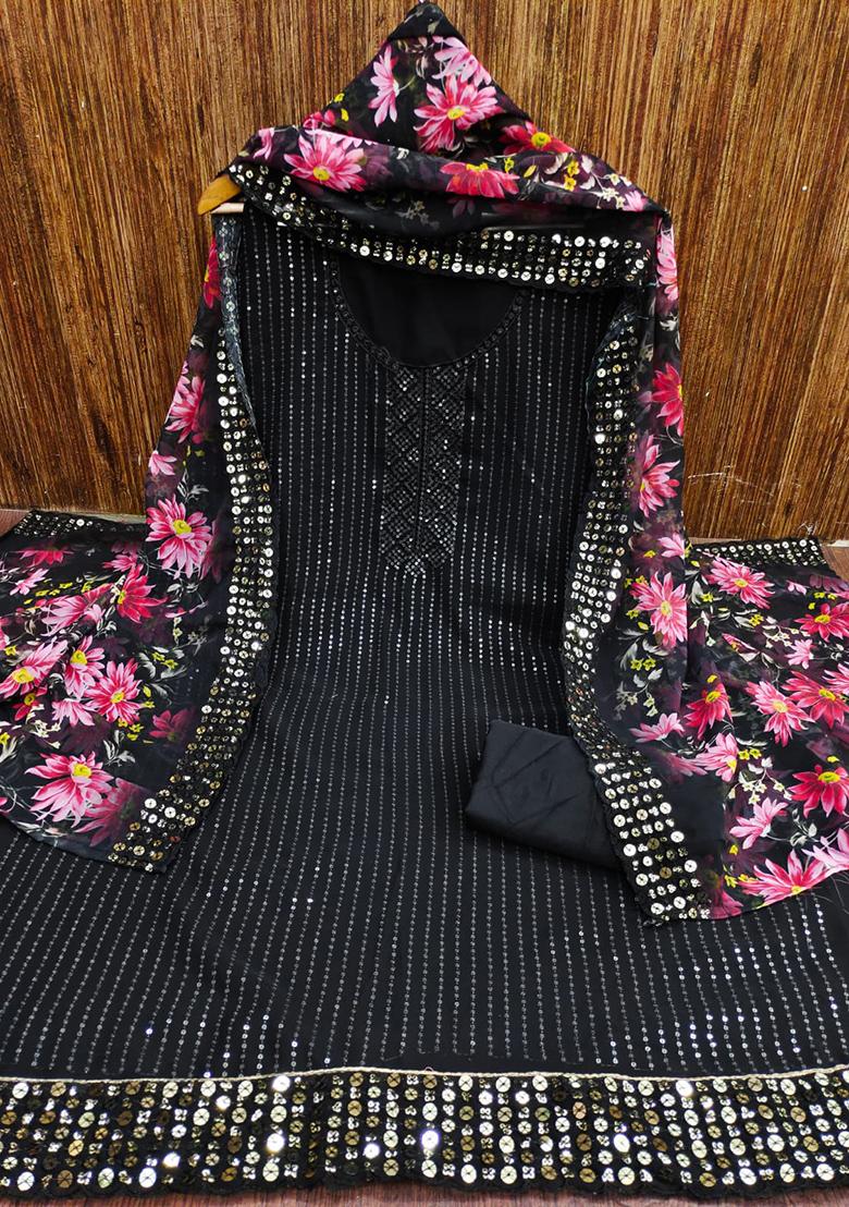 Black Embellished Poly Georgette Kurta Set