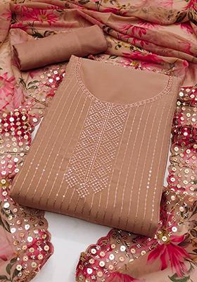 Brown Embellished Poly Georgette Kurta Set