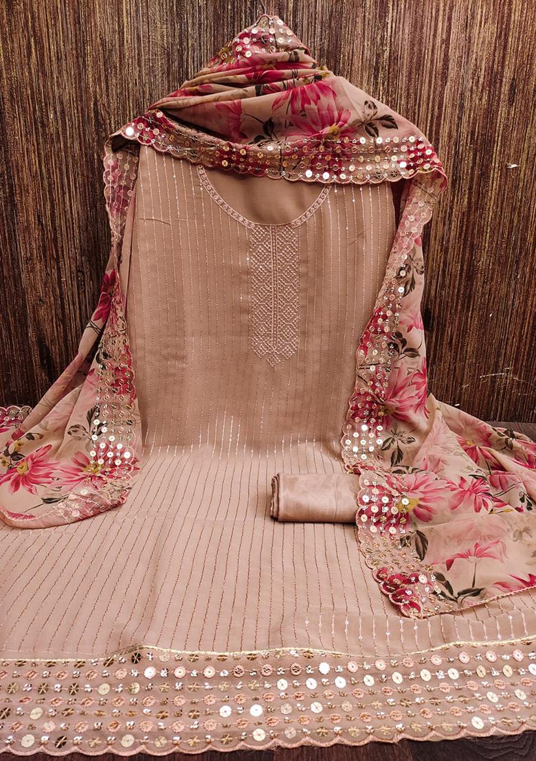 Brown Embellished Poly Georgette Kurta Set