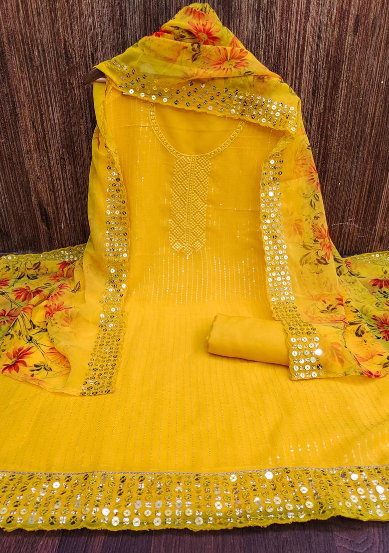 Gold Embellished Poly Georgette Kurta Set
