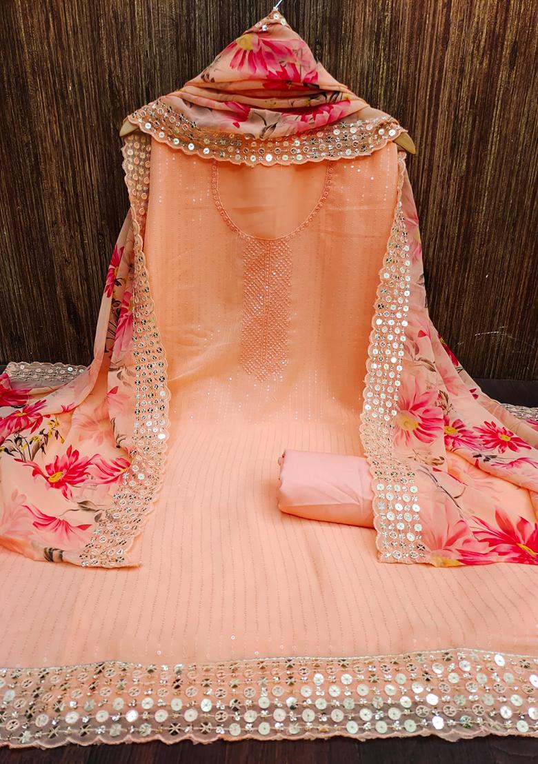 Orange Embellished Poly Georgette Kurta Set