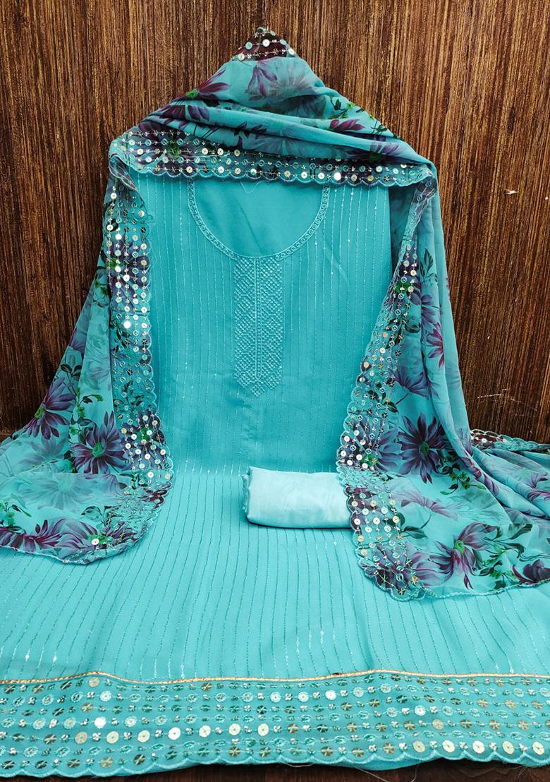 Teal Embellished Poly Georgette Kurta Set