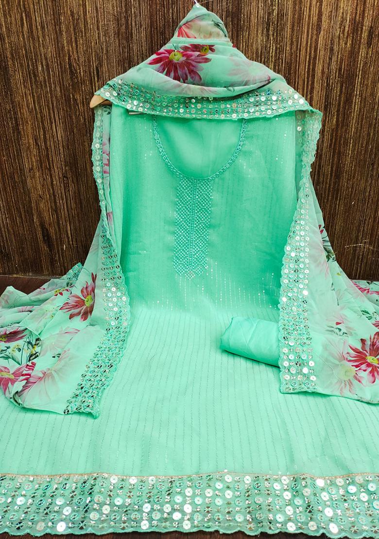 Blue Embellished Poly Georgette Kurta Set