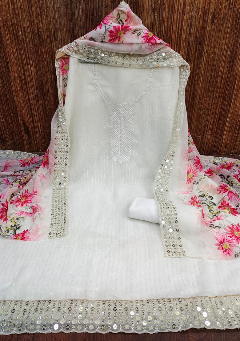 White Embellished Poly Georgette Kurta Set