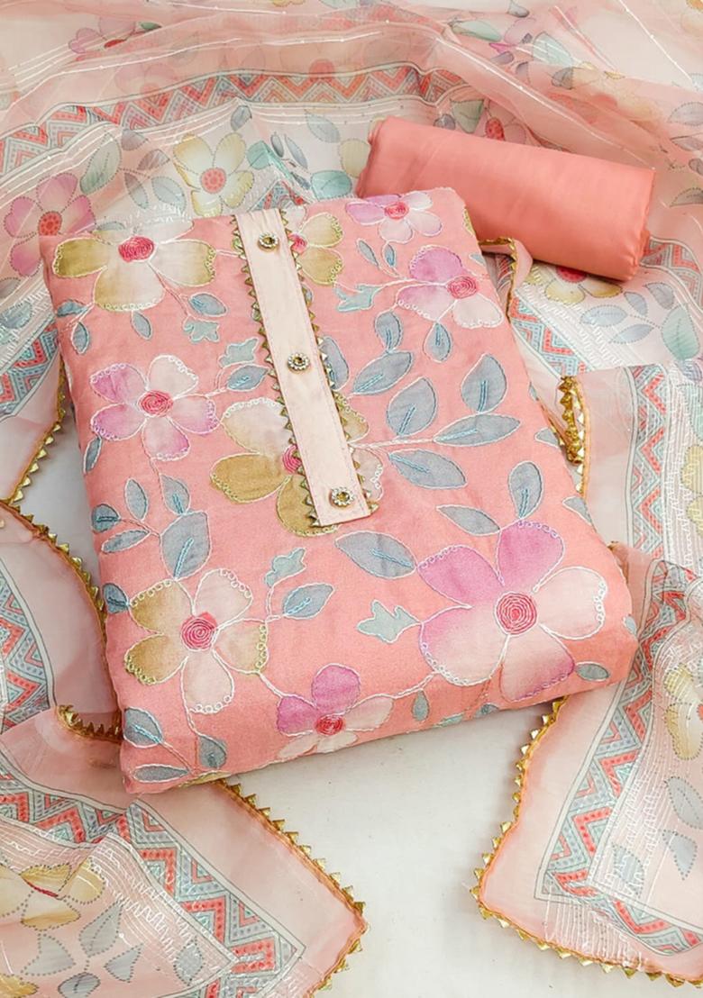 Peach Embellished Organza Kurta Set