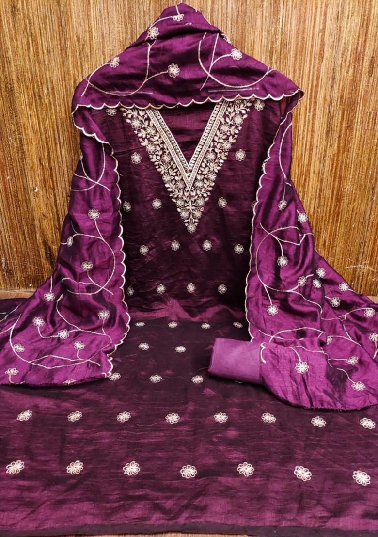 Purple Embellished Chanderi Kurta Set