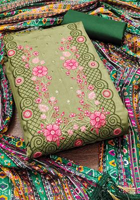 Green Embellished Cotton Kurta Set