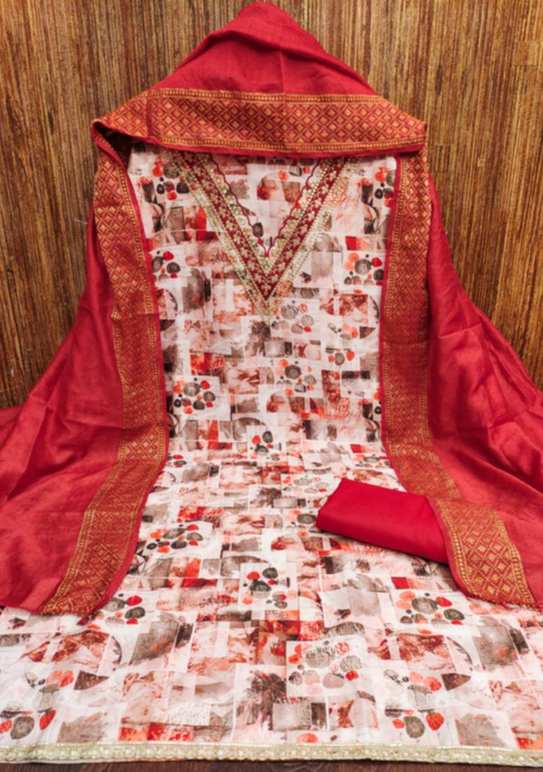 Red Embellished Cotton Kurta Set