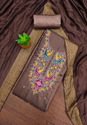 Brown Embellished Cotton Kurta Set