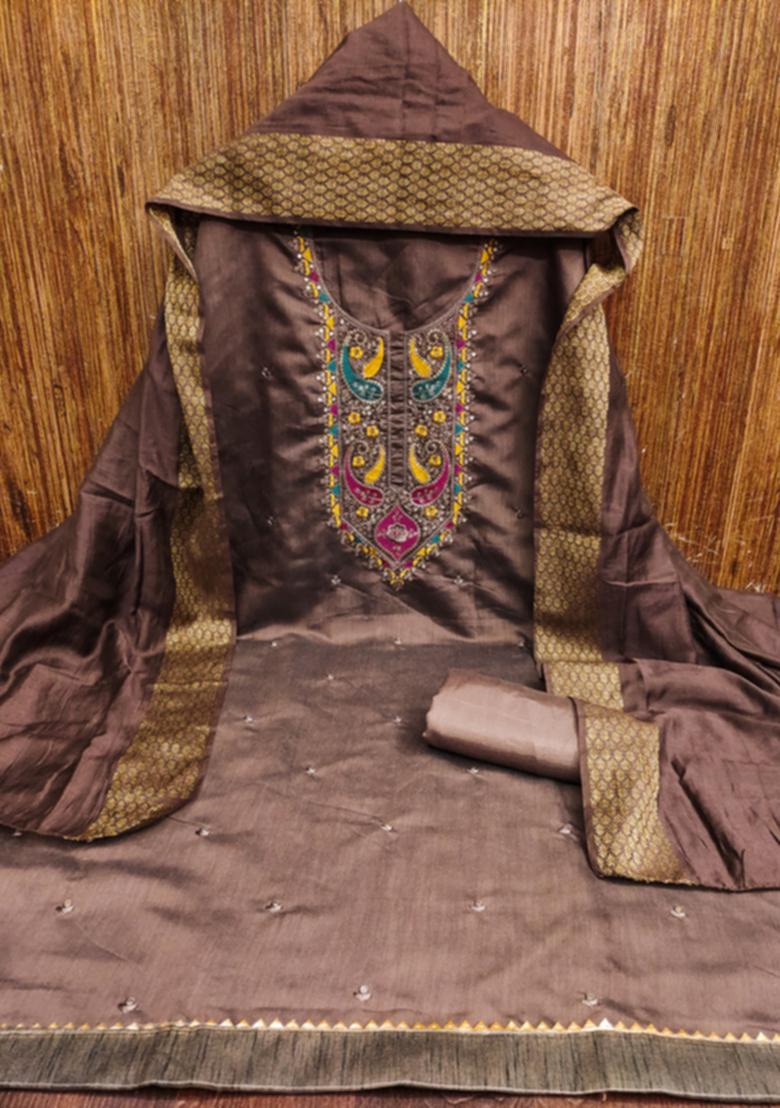 Brown Embellished Cotton Kurta Set