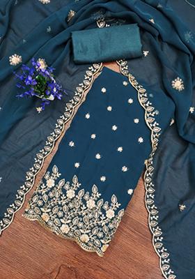 Aqua Embellished Poly Georgette Kurta Set