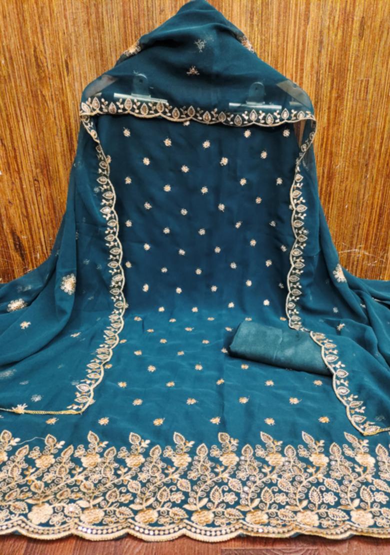 Aqua Embellished Poly Georgette Kurta Set