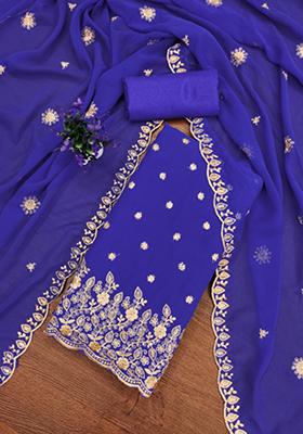 Blue Embellished Poly Georgette Kurta Set