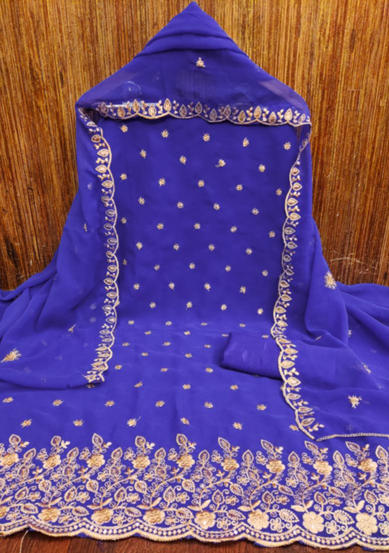 Blue Embellished Poly Georgette Kurta Set