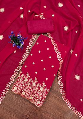Red Embellished Poly Georgette Kurta Set