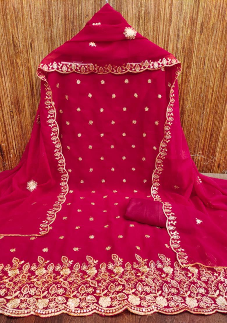 Red Embellished Poly Georgette Kurta Set