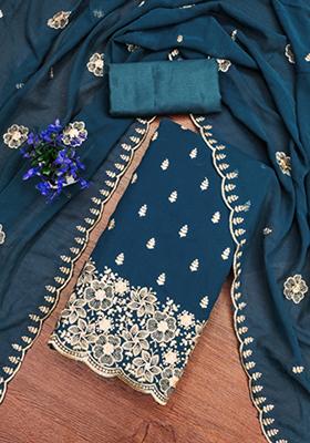 Aqua Embellished Poly Georgette Kurta Set