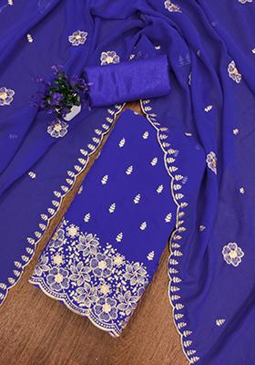 Blue Embellished Poly Georgette Kurta Set