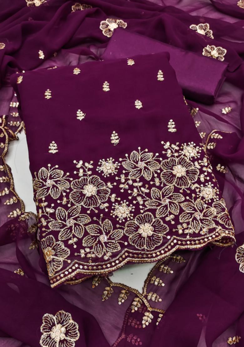 Purple Embellished Poly Georgette Kurta Set