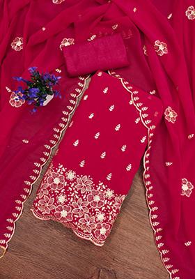 Red Embellished Poly Georgette Kurta Set