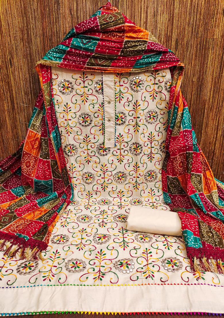 Cream Embellished Cotton Kurta Set