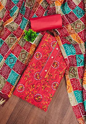 Red Embellished Cotton Kurta Set