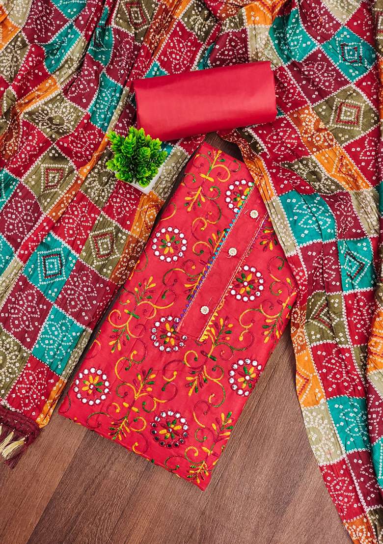 Red Bandhani Cotton Punjabi Suit - Indya