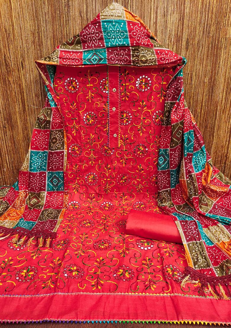 Red Embellished Cotton Kurta Set
