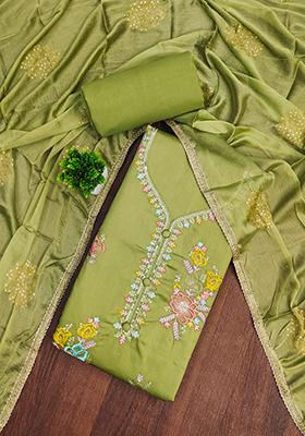 Green Embellished Cotton Kurta Set
