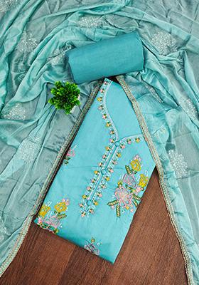 Teal Embellished Cotton Kurta Set